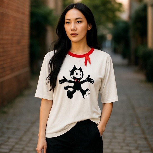 Felix the Cat x Unique Vintage Top 1X/16 Cream Red Trim 3/4 Sleeve - Picture 1 of 12